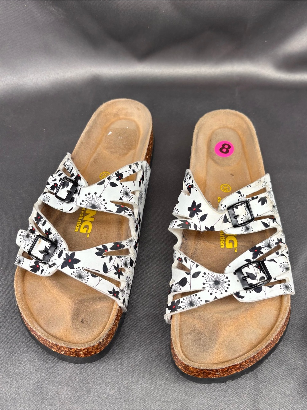 Women's White Floral Triple-Buckle Cork Footbed Mules